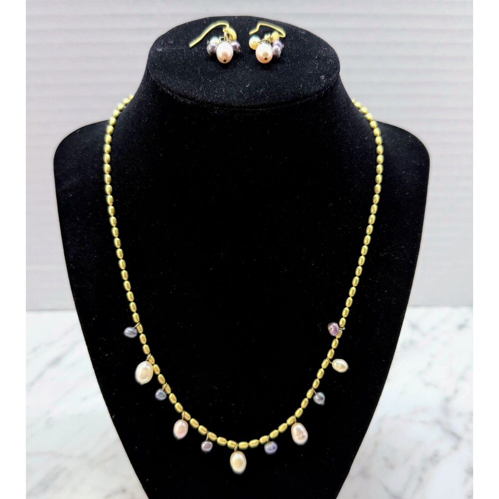 Vintage Avon Signed Gold Tone Rice Pearl Drop Necklace Earrings Set Shabby Chic